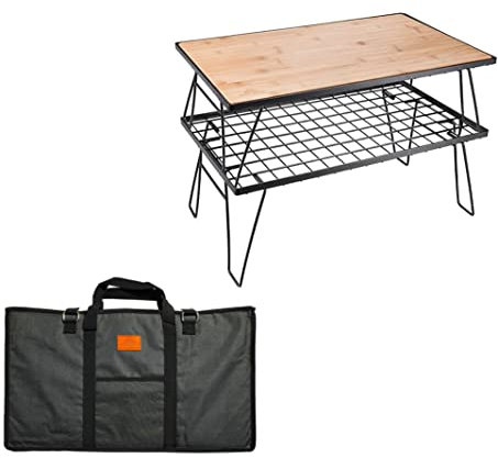 Camping BBQ Grill 2Pcs Outdoor Folding Multipurpose Storage Rack with 1pc Removable Bamboo Board, Steel Plating Black T-230-2TP