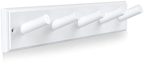 horkmous Wood Coat Rack Wall Mounted, 16'' Hole to Hole Wooden Peg Rail for Wall Hangers, 5 Pegs Bamboo Wall Hook for Hanging Towels Hats Robes Clothes Keys, White