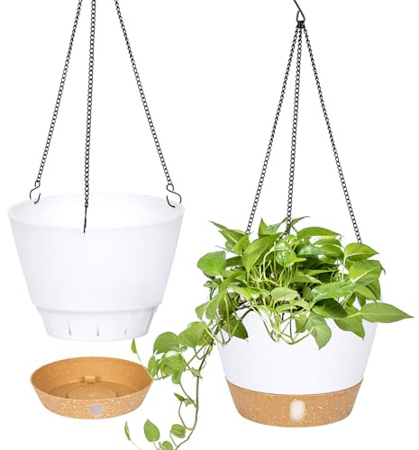 QCQHDU Lot de 2 jardinières suspendues, 25.4 cm de diamètre pour l'intérieur et l'extérieur, Pot de Fleurs Suspendu avec Trou de Drainage et 3 Crochets pour Le Jardin et la Maison (Blanc)