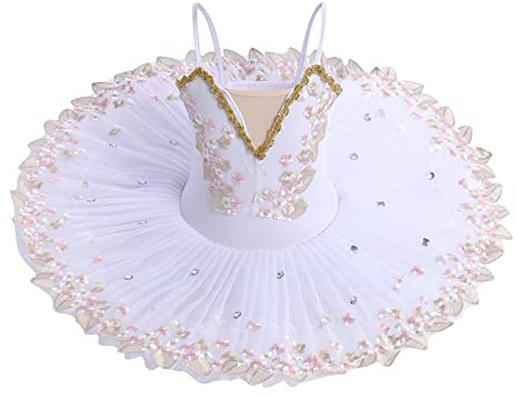 OBEEII Robe de Ballet Paillettes Broderies Ballet Tutu Justaucorps Danse Classique Gymnastique L�otard Costume Blanc D 9-10 Ans