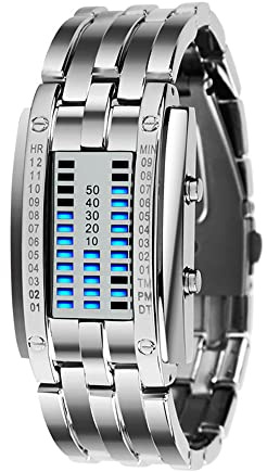Yxian Montre pour Hommes/Femmes Mode Simple Hybride Unique Binaire Montre numérique lumière LED Cadran rectangulaire en Acier Inoxydable Montre décontractée (Femelle Argent)