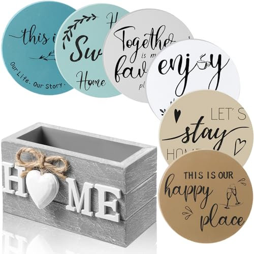 Queekay Housewarming Gifts for Home Decoration Wooden Heart Coasters for Drinks 6 Set Farmhouse Coasters with Holder Funny for Family Coffee Table Protection, 4''(Ocean,Home)