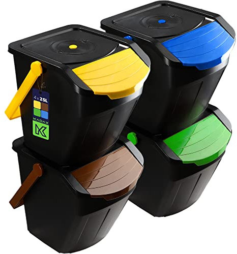 KADAX Sistema di Pattumiere Impilabili in Plastica per la Raccolta Differenziata, Bidoni della Spazzatura con Coperchio per Interno (Set di 4, 25 L)