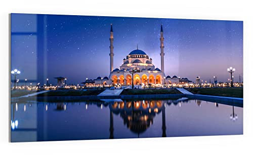 DEQORI Glasbild Echtglas | Motiv Sharjah Moschee bei Nacht | horizontal einteilig 100x50 cm | schöne Dekoration | Wandbild für Wohnzimmer, Schlafzimmer, Flur & Küche | moderne Wanddeko