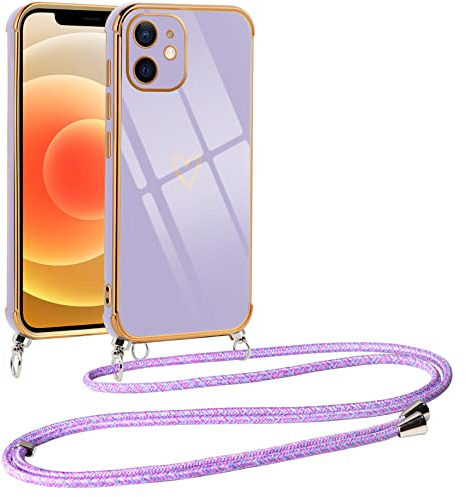 Vauki handyband für iPhone 12 Mini Hülle mit Band, Handyhülle mit Kette, Herz Motiv, Ultra Dünn Stoßfeste Aesthetic Case mit Kordel zum Umhängen für iPhone 12 Mini 5.4, Lila