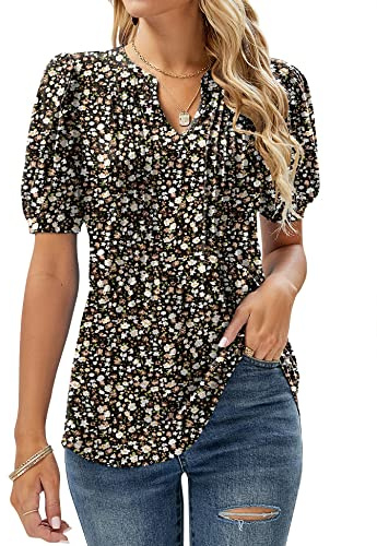 EFFAN Blus damer kortärmade t-shirts V-ringade blommor veckad tunika sommartoppar lös ledig långtröja .., Blomma-svart, S