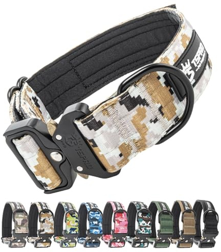 TSPRO Premium Hundehalsband mit Patch Dickes Verstellbares Taktisches Hundehalsband Schwere Ausführung Schnellverschluss Metallschnalle für Mittelgroße bis Große Hunde (Camo Khaki L)