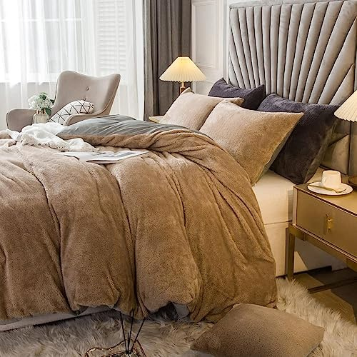 JSZS Velvet Plush Shaggy Duvet Cover Set,Luxury Ultra Soft Fluffy Duvet Cover Set,Winter Fuzzy Duvet Cover Set, (1 Faux Fur Duvet Cover +2 Faux Fur Pillow,King,Khaki)