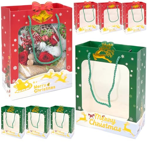 8 Stück Geschenktaschen Weihnachten mit Fenster, Weihnachts Kraft Geschenktaschen Wiederverwendbare Dicke Xmas Papiertüte mit Griffen für Weihnachtsfeier Geburtstagsfeier