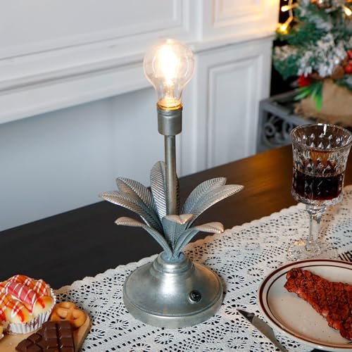 JHY DESIGN Batteriebetriebene Lampe Vintage dekorative kabellose mit LED-Glühbirne kleine Tischlampe für Schlafzimmer Wohnzimmer Küche Heimdekoration(Antiksilber)
