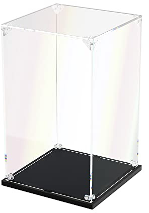 DOFOPO Acryl Vitrine Schaukasten Selbstmontage Klar Acrylbox 15 x 15 x 25cm | Kleine Staubdichte Transparente Display Case für Figuren, Miniaturen Spielzeug mit Schwarzer Basis; Handschuhe Putztuch