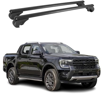 OMAC Dachträger für Ford Ranger 2011-2026 Aluminium 2 Stangen Schwarz | TÜV/DIN 75302:2019 geprüft, Abschließbar, bis 75 kg Traglast, Querträger, Grundträger