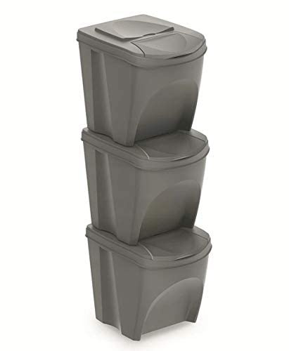 BirnePower Mülleimer Müllbehälter Abfalleimer 75L Set 3 x 25L Mülltrennsystem Behälter Sorti Box mit Deckel Müllsortierer Abfallsammler Grau
