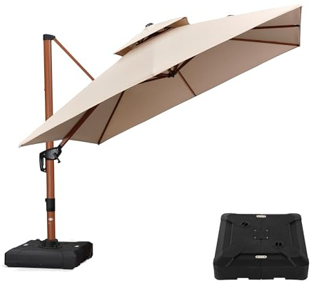 PURPLE LEAF Parasol Déporté 3 x 3 m Carré avec pied, Aspect du Teck en Aluminium, Parasol de Jardin Extérieur à Toit Double Rotatif 360°, Pour Terrasses, Piscines, Patio, Beige