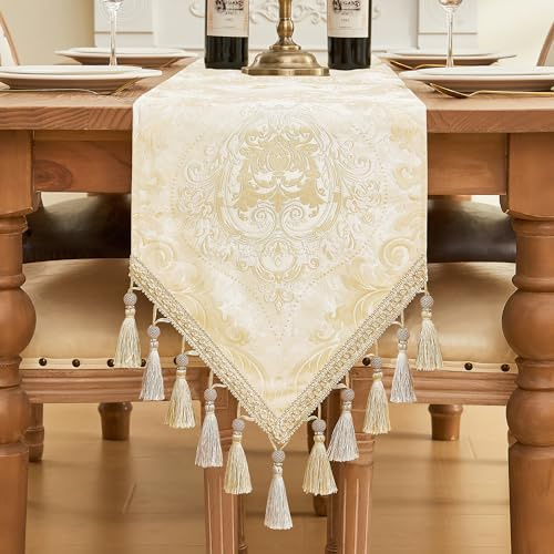 TOPLUXE Camino de Mesa de Tela Floral, Decoración para Mesa de Comedor/Hotel/Restaurante/Festival (33x180cm, Oro Claro)