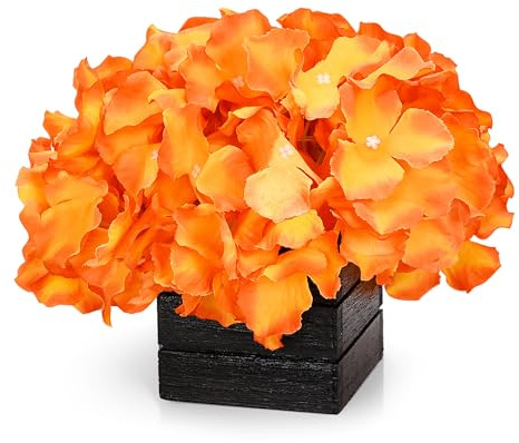 CVHOMEDECO. Hortensias naranjas con jarrón de madera, hortensias artificiales de seda en caja de madera negra para decoración del hogar. Ideal para esposa, él o ella, día de San Valentín, día de la