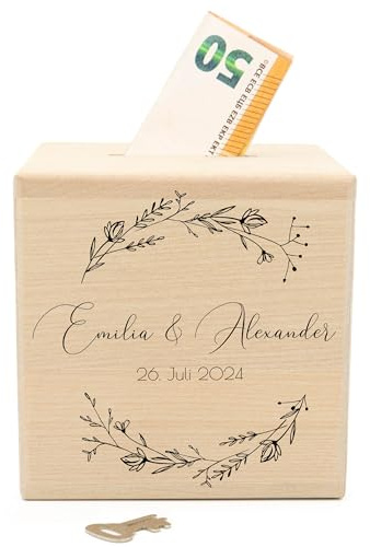 Geschenkfreude Personalisierte Spardose Hochzeit aus Holz Namen - Floral7 | 10x10x10cm, Datum, Hochzeitsspardose für die Hochzeit und Verlobung, Hochzeitsgeschenke für Brautpaar, Geldgeschenk Floral7