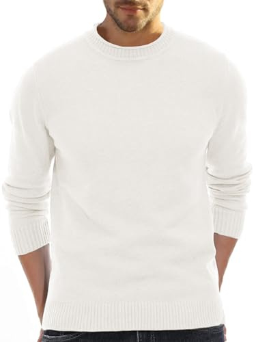 Aotoyou Maglione da uomo a maglia fine con scollo rotondo in tessuto morbido Pullover a maniche lunghe, bianco, XL