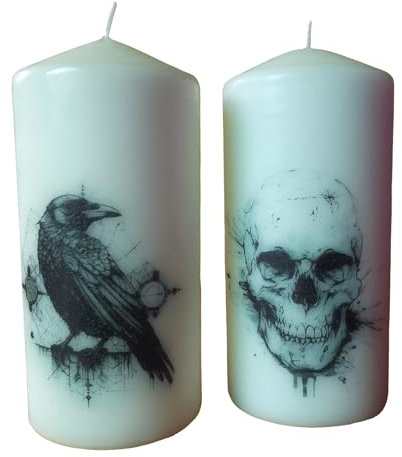 Pillar unscented Wax Candle Set of Two Raven and Skull Gothic Mystery Rituals Altar Display Decoration Hand Decorated Home Decor