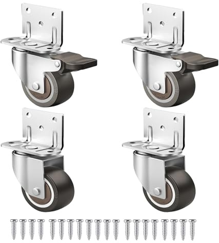 WANLIAN 1 Inch L-Shaped Plate Caster Wheels, Heavy Duty Swivel Side Mount Casters Set of 4, 2 with Brakes, Load 99 Lbs, Silent Small Rubber Rolling Wheels for Furniture, Cabinets, Cribs, Tables