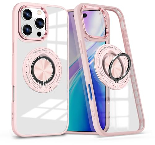 Kainevy for iPhone 16 Pro Case Clear with Stand Ring Holder Compatible with MagSafe Cute Cover iPhone 16 Pro Phone Case Magnetic Transparent Military Grade Shockproof Protective (Pink)