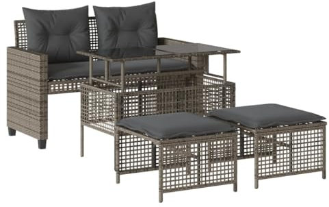 HETFTJN Balkon Eckbank Gartenstühle Mini Sofa Küchensofa - 4-TLG. Garten-Sofagarnitur mit Kissen Grau Poly Rattan Glas für Terrasse Speisesaal Schwimmbad Garten