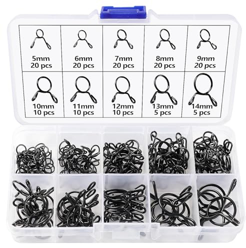 Lyeteung 140 Pièces 10 Tailles 5-14 mm Collier de Serrage de Ressort de Carburant à Unique Ligne Kit, Clip à Ressort Tuyau, Serrage Durite Essence Serre-joints à Tuyaux, Noire