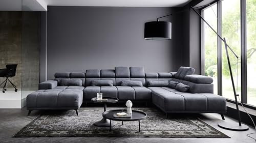 Wohnlandschaft >Starlett< in dunkelgrau, kurzer Schenkel links, elektrische Sitztiefenverstellung, Metallfüße schwarz, Nosagunterfederung, Bonellfederkern, inkl. 6 Zierkissen, 375x79-99x231 cm (BxHxT)