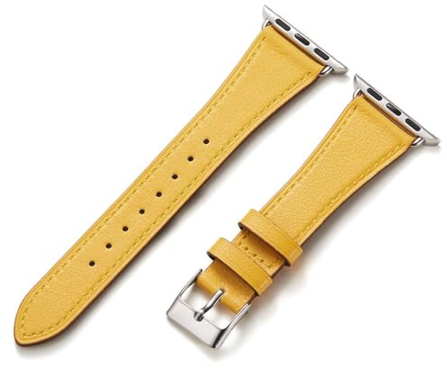 Bracelet Cuir Apple Watch, Bracelet en Cuir Véritable Italien pour Apple Watch, Compatible Series 1-11 SE 38/40/41/42 mm, Connecteur Acier Inoxydable, Homme Femme, Jaune