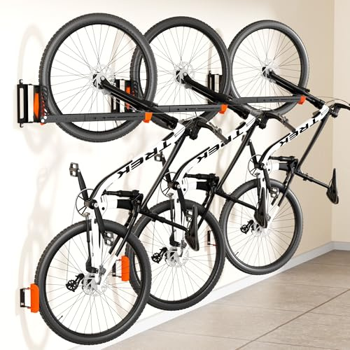 3-Pack Swivel Bike Rack Wall Mount, Bike Hangers for Garage, Space-Saving Vertical Bike Holder, Holds up to 77 lbs, Bicycle Wall Hanger Storage, No Heavy Lifting Required Indoor Hanging Bike Rack