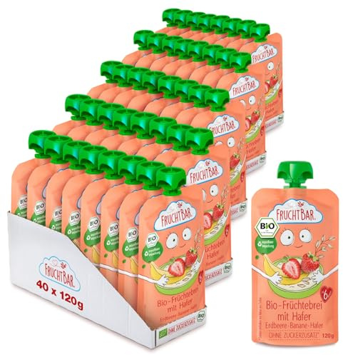 FruchtBar-Bio Quetschie, Vorratspack, Fruchtpüree für Babys ab 6 Monaten & Kinder (40 Stück, Bio Früchtebrei Erdbeere-Banane-Hafer)