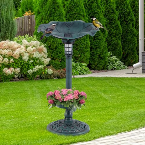 GYMAX Bird Bath, Leaf Shaped Pedestal Bird Feeder Station with Solar Powered Light, Flower Planter and Fillable Stand, Freestanding Birdbaths for Outdoor Hotel Garden (Bronze)
