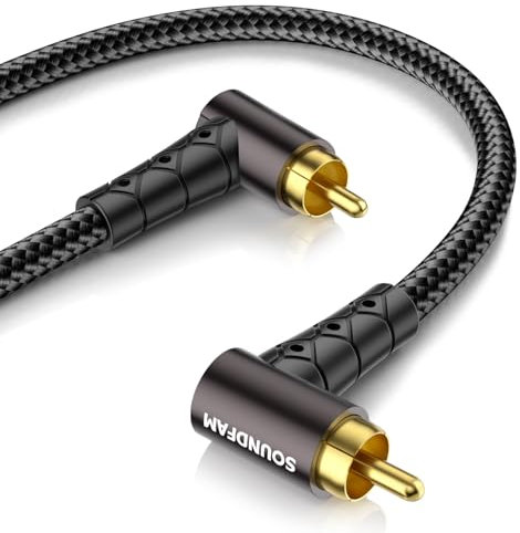 SOUNDFAM Dual 90 Degree RCA Cable 3M, Double Right Angle RCA Subwoofer Cable [24K Gold-Plated Connectors,Cotton Braided Jacket] for Home Theater,Subwoofer,Hi-Fi Systems