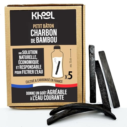 KHOOL | Set di 5 bastoncini di carbone di bambù purificatore d'acqua | Origine Francia | 1 baton = 50 cl | Per purificare e dare un sapore migliore all'acqua in una BOTTIGLIA, CARAFE o GOURDE