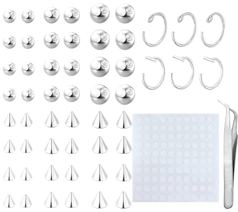 YceLon Fake Piercing 54 Stück Kugel Nasenring Lippenohrringe 3mm 4mm 5mm Stahlfarbe Gefälschtes Septum Augenbrauen Piercing mit Aufkleber Einfach zu Tragen für Fake Nipple Look ohne Schmerzen