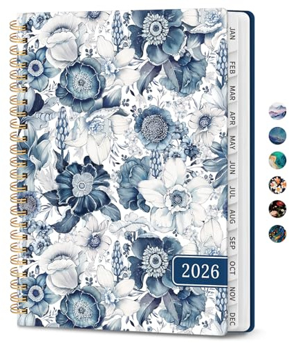 Planner 2026-2027, Academic Monthly and Weekly Calendar Planner for Women, July 2026 - June 2027, Hardcover Pretty Agenda Planner Book with Tabs, Spiral Daily Organizer for School Office Home Supplies, 6.3 x 8.5 - Blue Floral