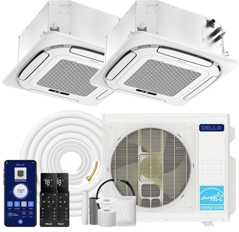 DELLA 27,000 BTU 2 Zone (18K+18K) Ceiling Cassette Mini Split AC, Ultra Heat -13℉, 8-way 360° Airflow, Covers 2000 Sq.Ft, Energy Star, 24 SEER2, 230V, Work with Alexa,Pre-Charged Heat Pump,25ft Kit