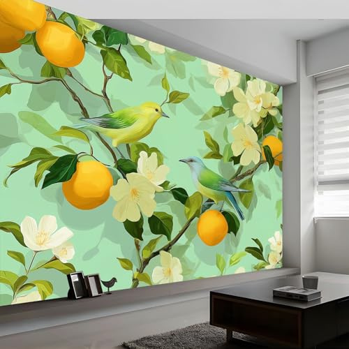 Carta da Parati Panoramica Piante Fiori Uccelli e Frutta Fotomurale 3D 350L x 256A cm, Murales da Parete Decorativi Stile Retrò per Camera da Letto e Soggiorno - Poster Murale Design Contemporaneo