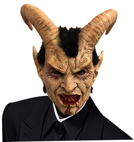 Masque de démon masque réaliste du crâne animal en plein visage avec cheveux et bouche sanglante et oreilles spéciales décorations d'Halloween effrayantes pour le visage humain de démon satan tombé