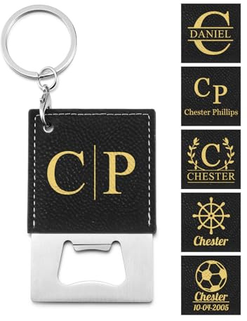 JSDDE Porte Clef Décapsuleur en Cuir Personnalisé Prénoms Initiales pour Hommes Ouvreur de Bouteille Bière Portable Porte-Clés Gravure Personnalisable 6 Modèles en Acier Inoxydable Cadeau (Noir)