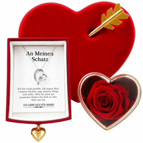 Ahnona Geschenk für Freundin Frau - Herzförmige Box mit Ewiger Rose & Herzkette, Schmuck Geschenkidee mit Liebesbotschaft für Geburtstag, Jahrestag, Valentinstag & Weihnachten