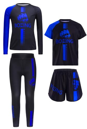 LiiYii Ensemble De Tenues De Boxe Pour Enfant Et Adolescent Complet Pour Le Muay Thai MMA Kickboxing Grappling Et Les Arts Martiaux Chemise Tshirt Pantalon Bleu 9-10 ans