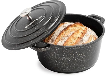 ESEVOLO Cocotte Fonte Induction 24cm Faitout Rond 4,5L en Fonte d’Aluminium | avec Revêtement Antiadhésif, Marmite avec Couvercle, Idéale pour Soupe, Ragoûts, Pain, Four et Gaz, Noir