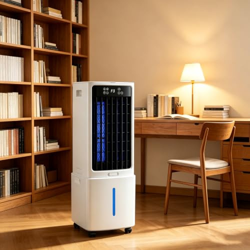 Aire Acondicionado Portátil 12L, 3 en 1 Enfriador de Aire sin Tubo con Control Remoto, 3 Velocidades, Temporizador de 12 Horas, Bolsas de Hielo, para Casa, Garaje, Restaurante y Exteriores