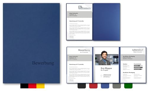5 Stück 3-teilige Bewerbungsmappen BL-exclusivdruck® EASY in Königsblau - Premium-Qualität mit edler Relief-Prägung 'Bewerbung' - Produkt-Design von 'Mario Lemani'