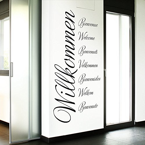 Grandora Wandtattoo Wort Willkommen in 8 Sprachen I schwarz (BxH) 80 x 161 cm I Flur Diele selbstklebend Aufkleber Wandaufkleber Wandsticker Sticker W3014
