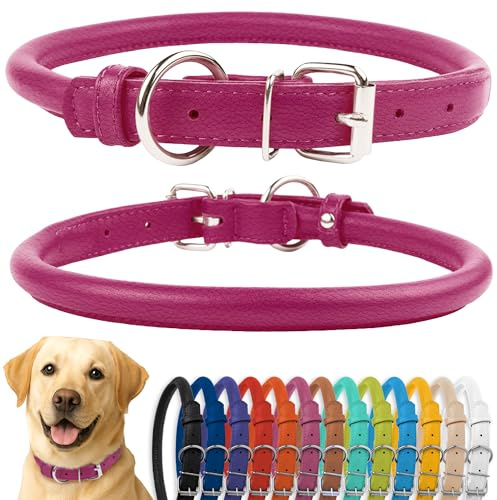 CollarDirect Hundhalsband i rullat läder, mjukt vadderat runt valphalsband, handgjort äkta läderhalsband, hund, små stora katthalsband, 13 färger (45–58 cm, rosa strukturerad)