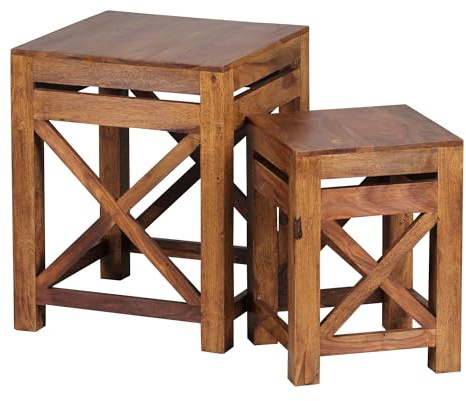 FineBuy 2er Set Beistelltisch Massiv-Holz Sheesham Wohnzimmer-Tisch Design dunkel-braun Landhaus-Stil Couchtisch Braun