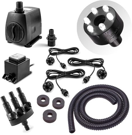CLGarden Springbrunnen Pumpe Set SP3-S für Zierbrunnen mit 3 Wasserausläufen 3er Ausgang LED Beleuchtung Wasserspiel Springbrunnenpumpe 12V AC 1300 L/H