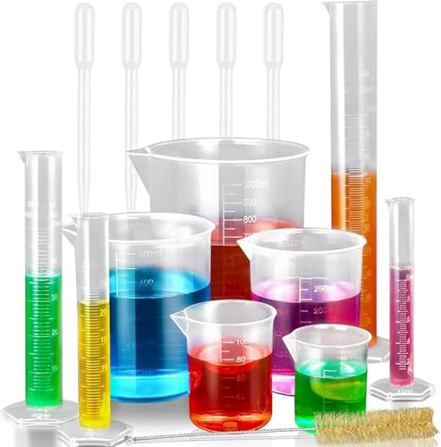 moveland 15-Piece Plastic Graduated Cylinders and Beakers Set, Clear Scale